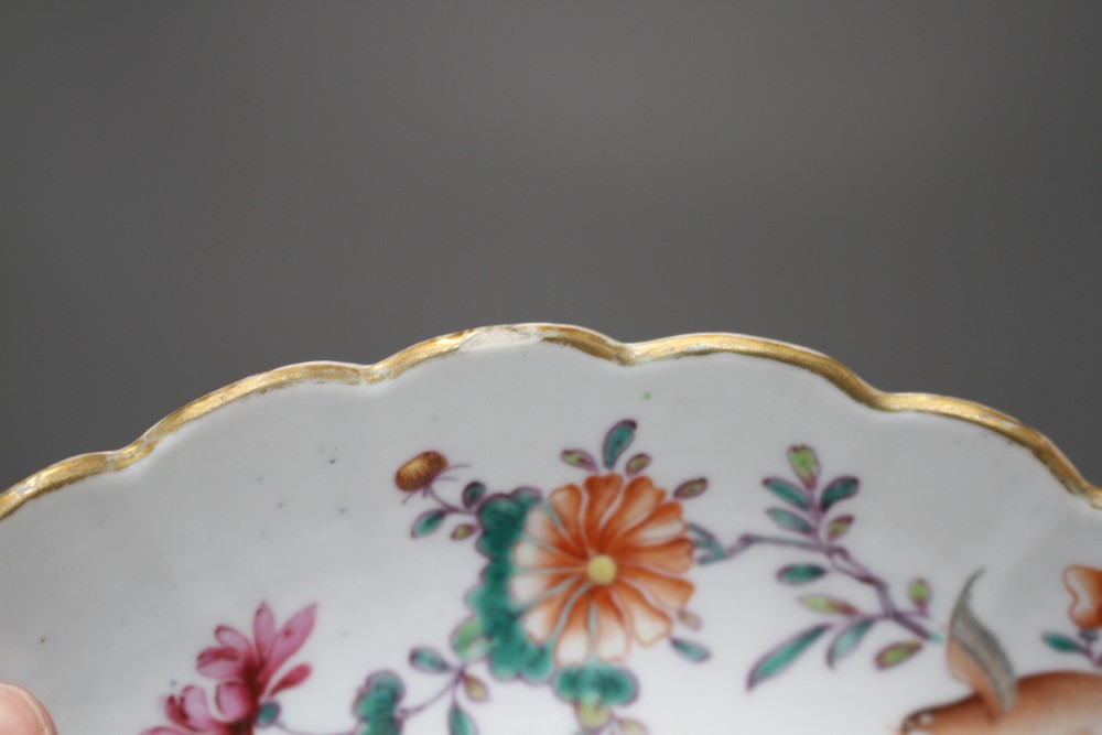 A rare Chinese export famille rose chocolate cup, trembleuse saucer and matching dish, Qianlong period,